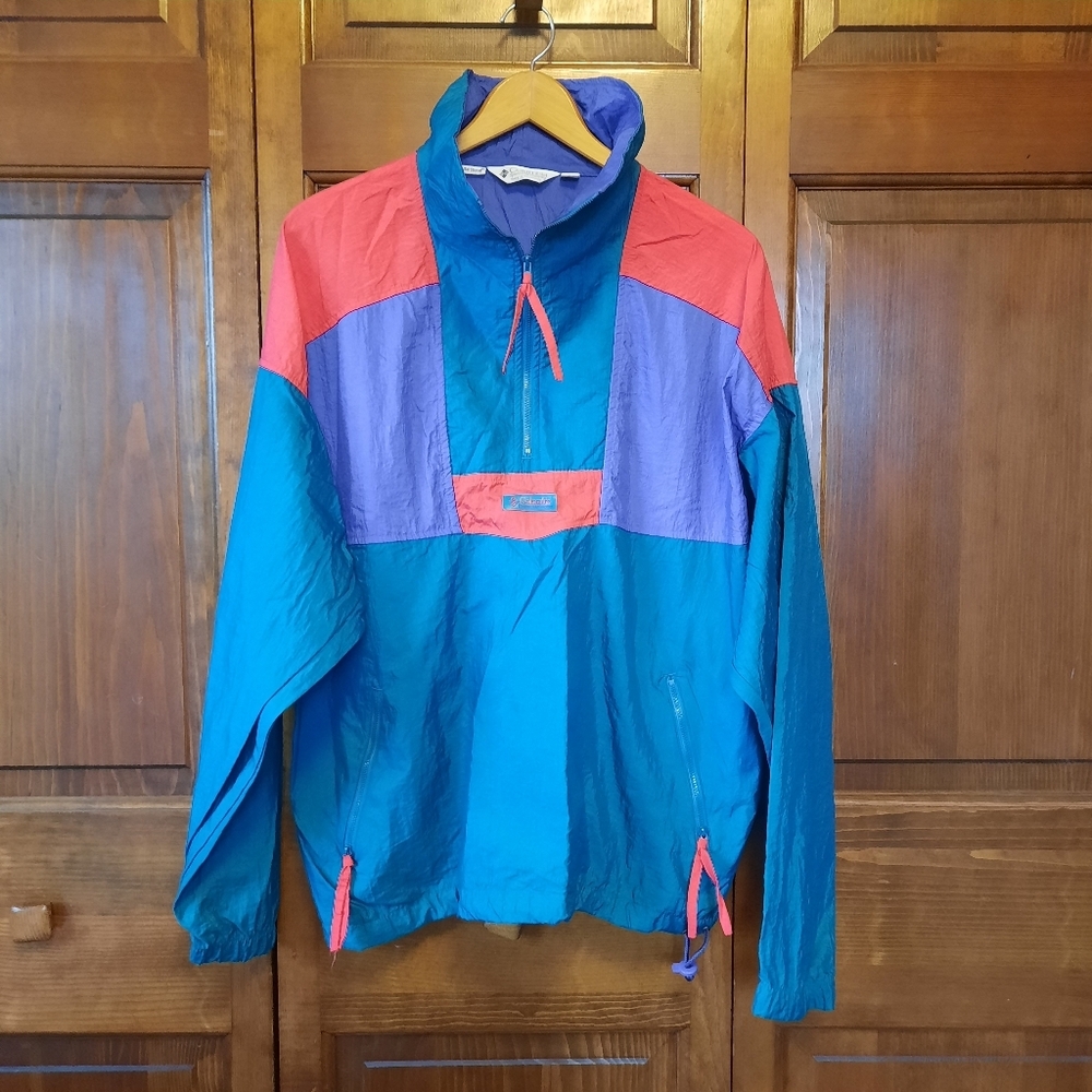 Vintage 90s Columbia Nylon Colorblock 1/2 Zip Pullover Windbreaker Jacket Size M